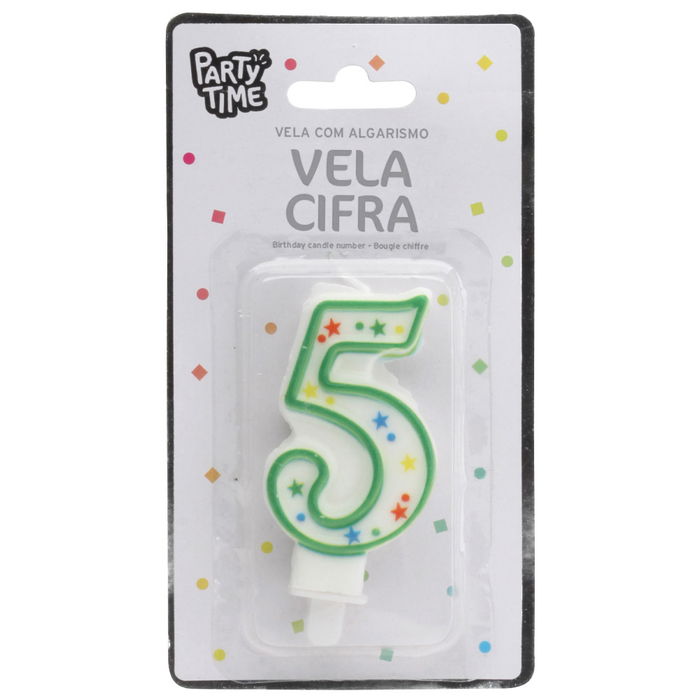 Party Time Vela Aniversario Número 5 Decorada con Círculos y Estrellas 9.5 cm