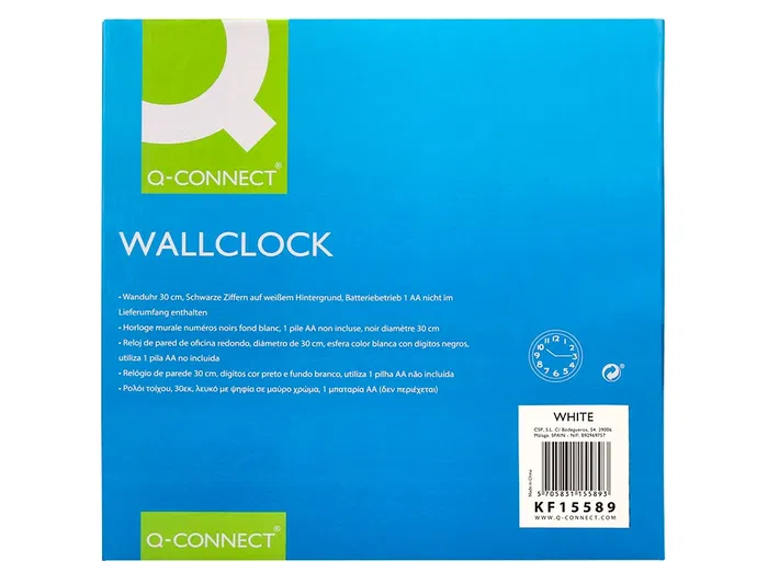 Q-connect Reloj de Pared Redondo Plástico Oficina 30 cm Marco Blanco