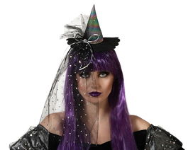 Sombrero Mini Bruja Con Velo Y Detalles Iridiscentes Halloween