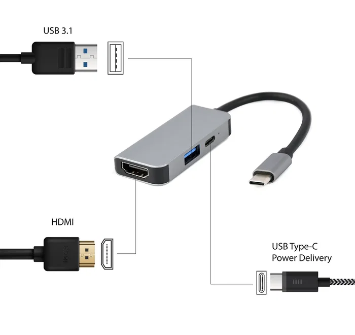 Gembird A-CM-COMBO3-02 Adaptador Multi Puerto 3 en 1 USB Type-C, HDMI 4K y PD Plata