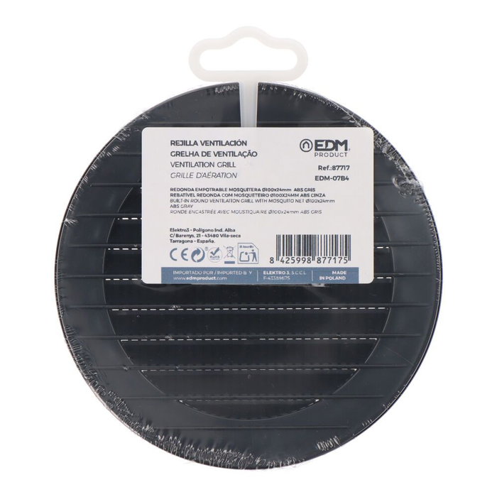Edm Rejilla de ventilación redonda empotrable con mosquitera Ø100mm ABS gris antracita Edm Rejilla de ventilación redonda empotrable con mosquitera Ø100mm ABS gris antracita