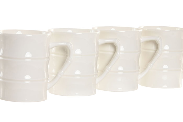 DKD Home Decor Mug Basicos Blanco Natural Porcelana Bambu Set 4 Piezas 13x13x31 cm Capacidad 350ml Apto Microondas Lavavajillas