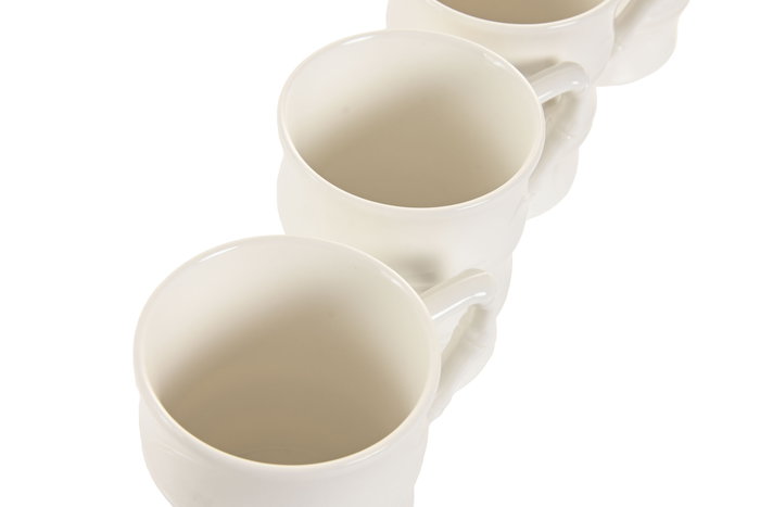 DKD Home Decor Mug Basicos Blanco Natural Porcelana Bambu Set 4 Piezas 13x13x31 cm Capacidad 350ml Apto Microondas Lavavajillas
