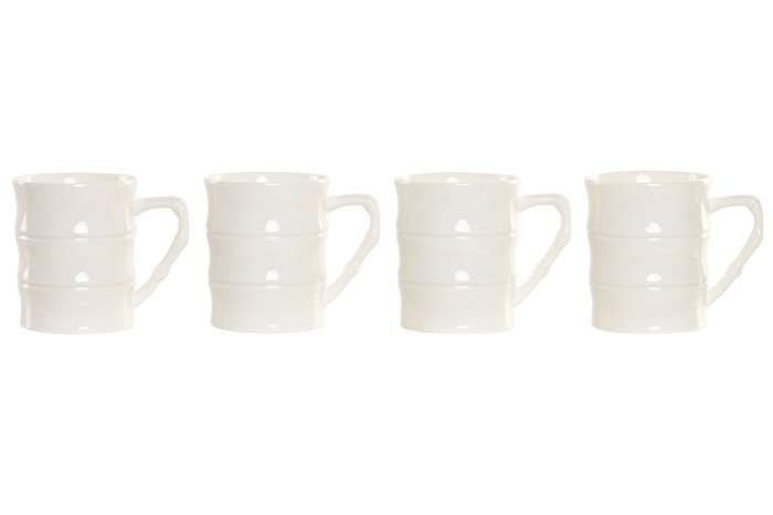 DKD Home Decor Mug Basicos Blanco Natural Porcelana Bambu Set 4 Piezas 13x13x31 cm Capacidad 350ml Apto Microondas Lavavajillas