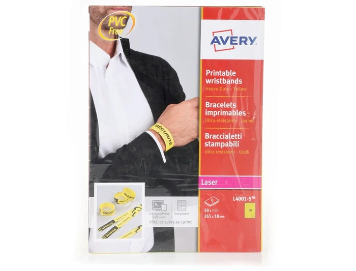Avery Pulsera Identificativa Polietileno Amarillo Fluorescente Imprimible Láser 265x18 mm Pack 50 Unidades Avery Pulsera Identificativa Polietileno Amarillo Fluorescente Imprimible Láser 265x18 mm Pack 50 Unidades