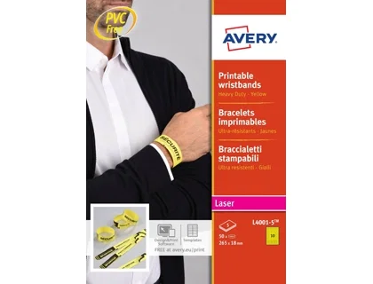 Avery Pulsera Identificativa Polietileno Amarillo Fluorescente Imprimible Láser 265x18 mm Pack 50 Unidades Avery Pulsera Identificativa Polietileno Amarillo Fluorescente Imprimible Láser 265x18 mm Pack 50 Unidades