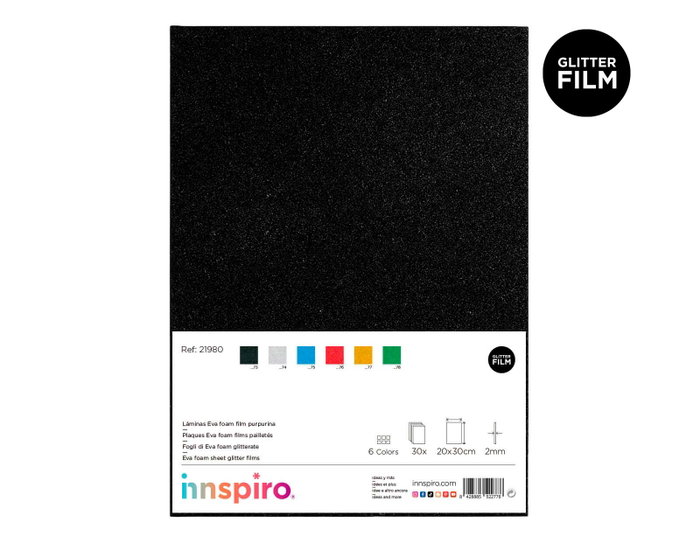 Innspiro Set de 30 láminas Goma EVA con film purpurina 6 colores surtidos 20x30cm