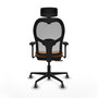 Silla de oficina Jorquera con mecanismo Sincro/Traslack tapizada con Similpiel color Naranja y malla color Gris. Equipada con lumbar 1D, Brazos 3D, Cabecero 2D y Ruedas 65 mm parqué