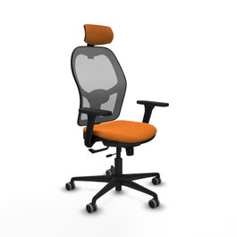 Silla de oficina Jorquera con mecanismo Sincro/Traslack tapizada con Similpiel color Naranja y malla color Gris. Equipada con lumbar 1D, Brazos 3D, Cabecero 2D y Ruedas 65 mm parqué