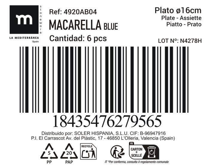 La Mediterranea Plato Macarella Blue 16 cm (24 Unidades) concentrado de vajilla