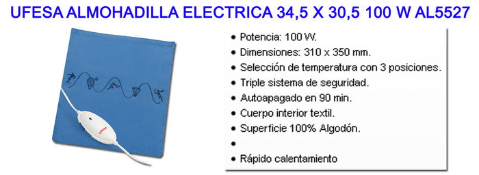 UFESA FINSTOCK AL5527 Almohadilla Eléctrica 100W 34,5x30,5 cm UFESA FINSTOCK AL5527 Almohadilla Eléctrica 100W 34,5x30,5 cm