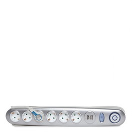 Regleta de 6 Tomas de Corriente con 2 USB 2100mA Blanco/Plata