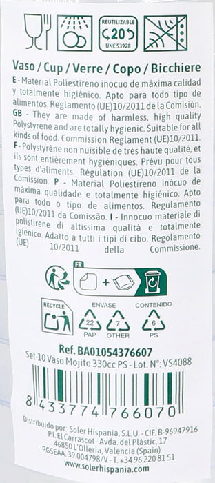 Algon Set de 10 Vasos Mojito 330 cc PS (12 Unidades)