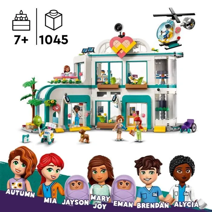 LEGO 42621 Friends Heartlake City Hospital, Juguete con Helicóptero y Minifiguras de Otoño y Perro