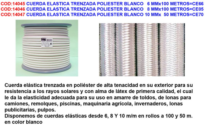 Cuerda elástica trenzada poliéster blanco 8 mm x 100 metros Cuerda elástica trenzada poliéster blanco 8 mm x 100 metros