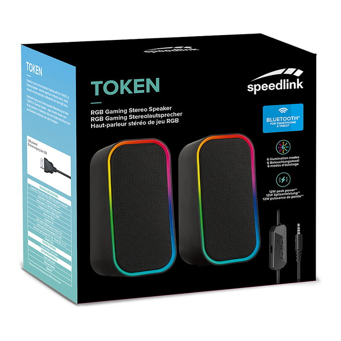 Speedlink TOKEN Altavoces Gaming RGB Estéreo 2.0 Inalámbricos y Alámbricos para PC, Negro