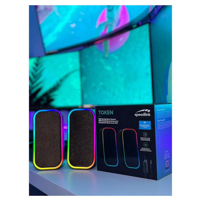 Speedlink TOKEN Altavoces Gaming RGB Estéreo 2.0 Inalámbricos y Alámbricos para PC, Negro