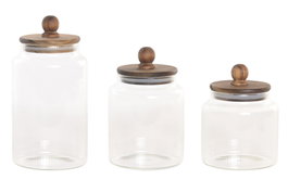 DKD Home Decor Set de 3 Botes de Cristal y Acacia 1,7L