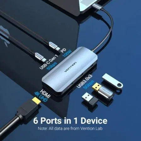 Vention TOFHB Hub USB-C 6 en 1 con HDMI 4K, 3xUSB 3.0, 1xUSB-C PD 100W, Gris