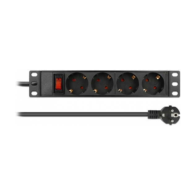 DeLOCK Toma de corriente de 10″ 4-fach con interruptor y contacto de protección, 1U, negro