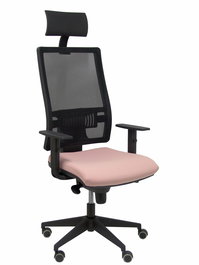 Silla de oficina Horna con mecanismo Sincro tapizada con Tela color Rosa pálido y malla color Negro. Equipada con lumbar 1D, Brazos 1D, Cabecero Fijo y Ruedas de parqué