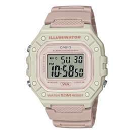 Casio W-218HC-4A2 con caja beige y correa rosa
