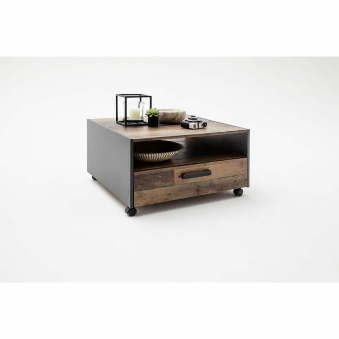 Trends International Mesa de centro cuadrada de madera envejecida y gris con doble tapa y 1 cajón