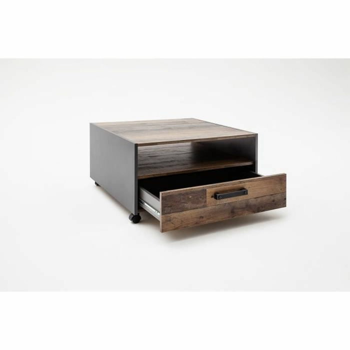 Trends International Mesa de centro cuadrada de madera envejecida y gris con doble tapa y 1 cajón