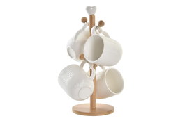 DKD Home Decor Set de 4 Tazas de Porcelana y Bambú Blanco y Natural 350ml