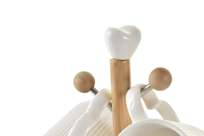 DKD Home Decor Set de 4 Tazas de Porcelana y Bambú Blanco y Natural 350ml
