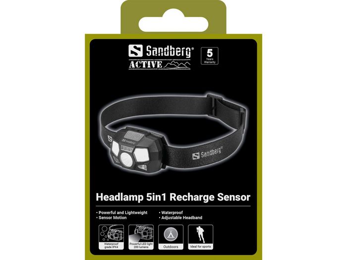 Sandberg Headlamp 5in1 Recharge Sensor LED, Luz Recargable con Sensor, Ajustable, Impermeable Sandberg Headlamp 5in1 Recharge Sensor LED, Luz Recargable con Sensor, Ajustable, Impermeable