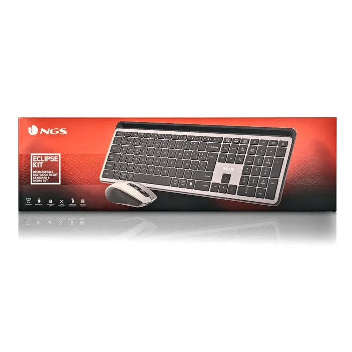 NGS Eclipse - Pack Teclado y Ratón Inalámbrico Recargable con Conexión RF 2.4GHz + Bluetooth, QWERTY Inglés, Gris, Teclas Silenciosas, DPI Ajustable, Incluye Ratón