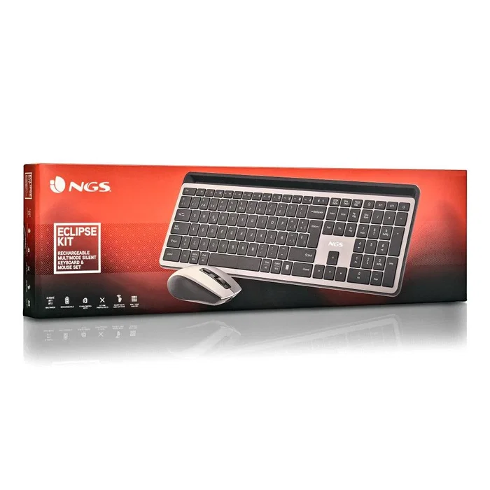 NGS Eclipse - Pack Teclado y Ratón Inalámbrico Recargable con Conexión RF 2.4GHz + Bluetooth, QWERTY Inglés, Gris, Teclas Silenciosas, DPI Ajustable, Incluye Ratón