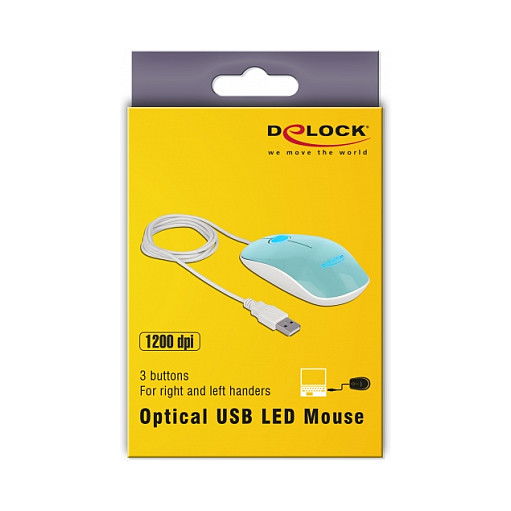 DeLOCK 12538 Ratón Óptico USB Ambidiestro con LED de 3 Botones, 1200 DPI, Color Turquesa, 1.3 m de Cable, Plug and Play, para PC/Portátil, Windows/Mac OS
