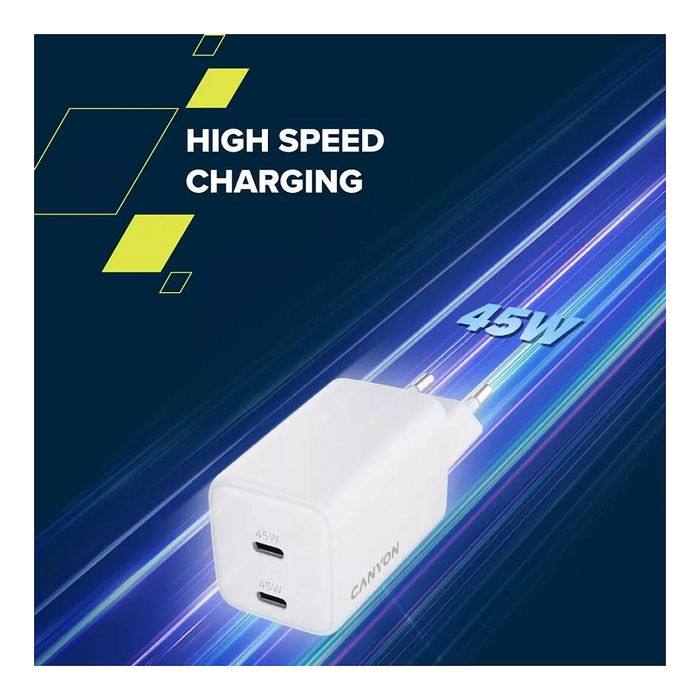 Canyon Cargador CU45CC GaN 45W 2xPuertos USB-C PD Blanco para Unión Europea, Carga Rápida Canyon Cargador CU45CC GaN 45W 2xPuertos USB-C PD Blanco para Unión Europea, Carga Rápida