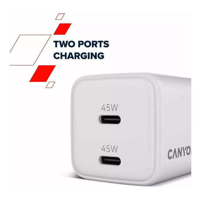 Canyon Cargador CU45CC GaN 45W 2xPuertos USB-C PD Blanco para Unión Europea, Carga Rápida Canyon Cargador CU45CC GaN 45W 2xPuertos USB-C PD Blanco para Unión Europea, Carga Rápida