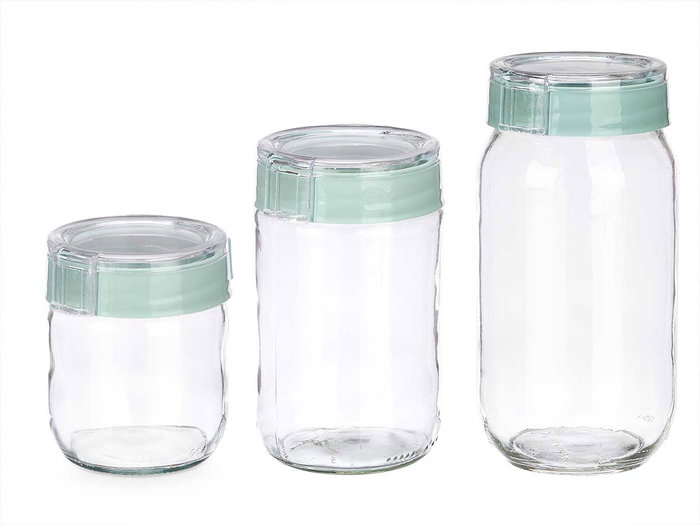 Vivalto Set 3 Botes Cristal Tapa Verde Transparente 425ml, 660ml, 1000ml 18.5x26x9.6cm Aptos Lavavajillas (Set de 6)