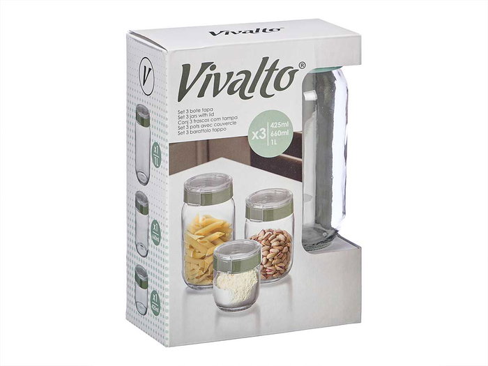Vivalto Set 3 Botes Cristal Tapa Verde Transparente 425ml, 660ml, 1000ml 18.5x26x9.6cm Aptos Lavavajillas (Set de 6)