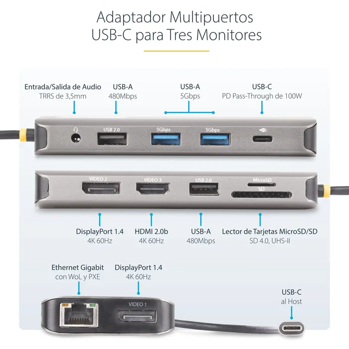 StarTech.com Adaptador Multipuerto USB-C para 3 Monitores, HDMI/DP, Hub 4x USB-A, PD 100W, Gris StarTech.com Adaptador Multipuerto USB-C para 3 Monitores, HDMI/DP, Hub 4x USB-A, PD 100W, Gris