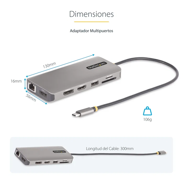 StarTech.com Adaptador Multipuerto USB-C para 3 Monitores, HDMI/DP, Hub 4x USB-A, PD 100W, Gris StarTech.com Adaptador Multipuerto USB-C para 3 Monitores, HDMI/DP, Hub 4x USB-A, PD 100W, Gris