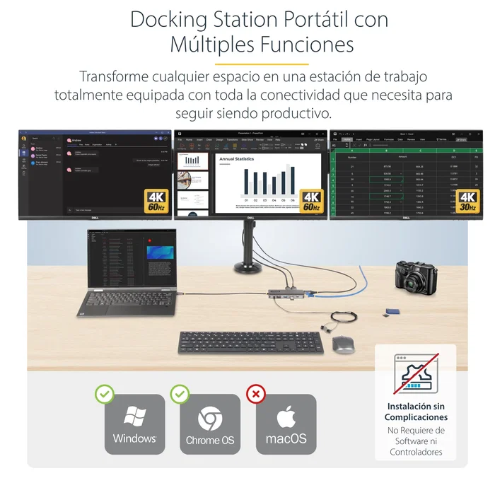 StarTech.com Adaptador Multipuerto USB-C para 3 Monitores, HDMI/DP, Hub 4x USB-A, PD 100W, Gris StarTech.com Adaptador Multipuerto USB-C para 3 Monitores, HDMI/DP, Hub 4x USB-A, PD 100W, Gris