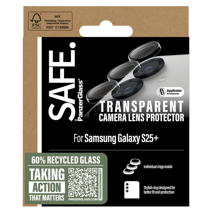 PanzerGlass SAFE. Protector de Cámara Crystal Clear para Samsung Galaxy S25 Plus - Vidrio Templado, Aplicación en Seco, Resistente a Rayones y Golpes
