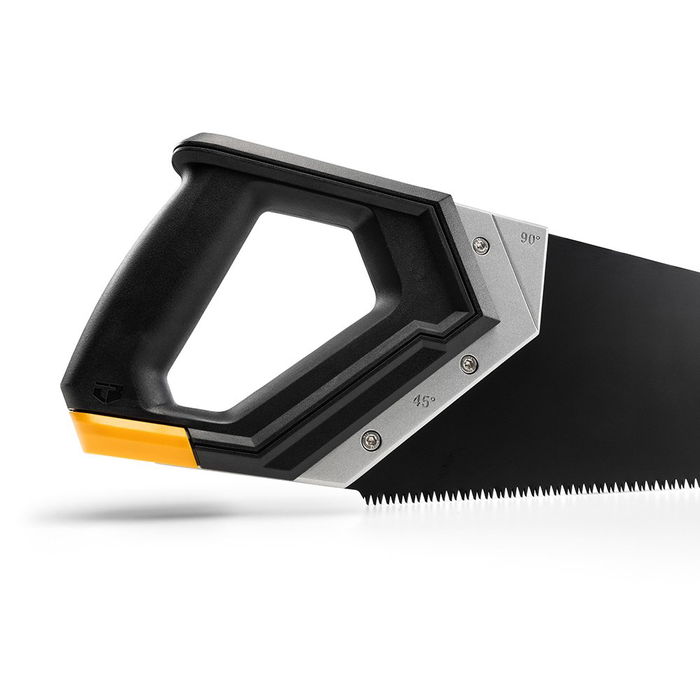 Toughbuilt Serrucho 600 mm con Regla y Escuadra Integrada, Hoja de Acero Alto Carbono para Cortes en 45° y 90°, Mango Ergonómico Triple Inyección