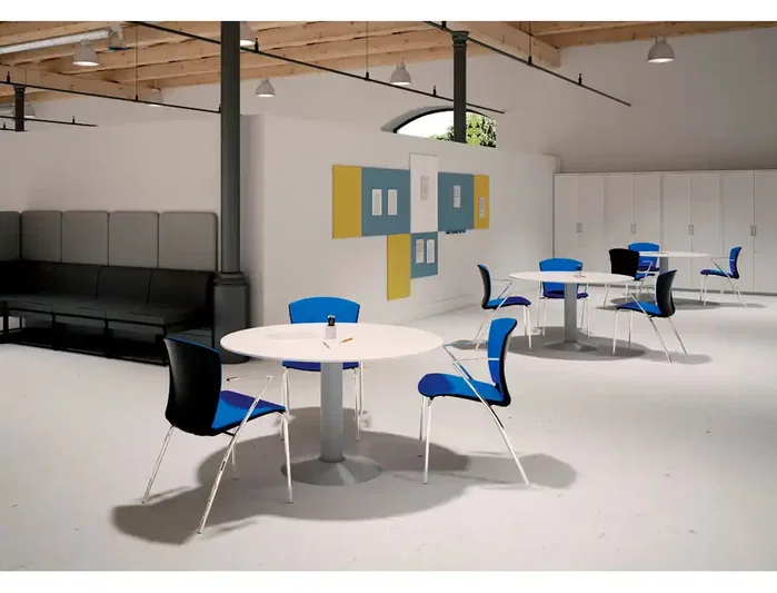 Rocada Mesa de reunión Meeting redonda de 120 cm con columna de acero y tablero blanco