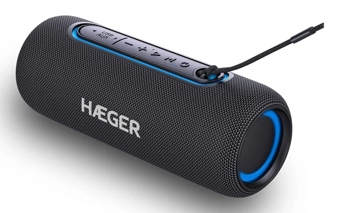 Haeger SP-10W.003A Altavoz Portátil Bluetooth Estéreo 10W IPX5 Resistente al Agua con Luces LED y Micrófono, Color Negro