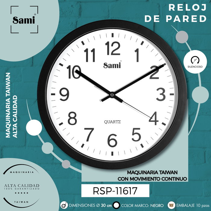 SAMI - Reloj de Pared Red, 30 cm, Negro - Decoración Hogar