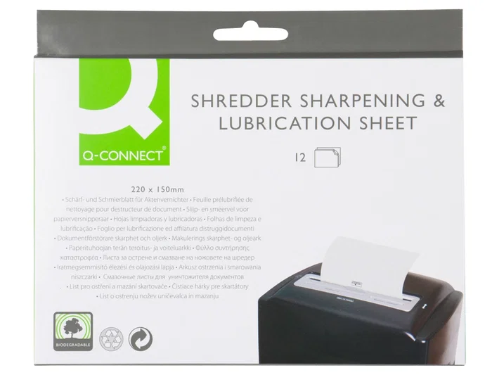 Q-connect Hojas Lubricantes y Afiladoras para Destructora Papel, Paquete 12 Hojas, 220x150 mm