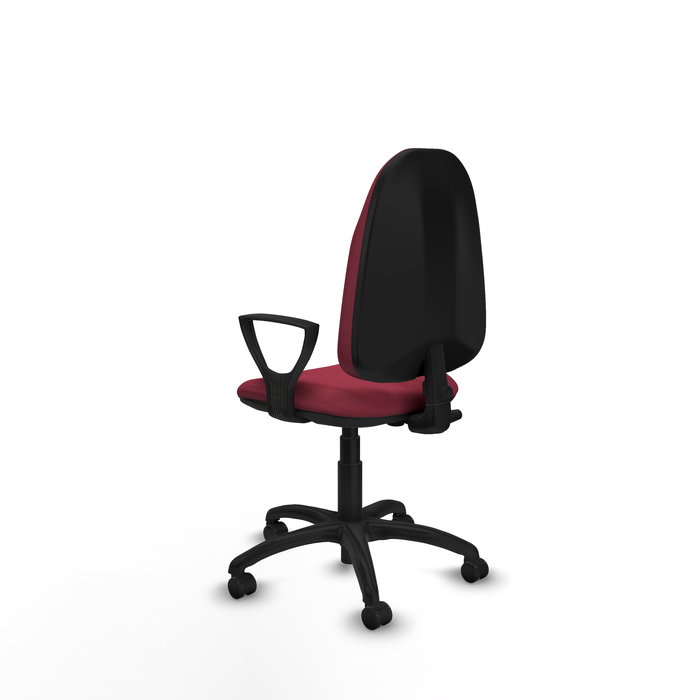 Silla de oficina Algarra con mecanismo Contacto permanente básico tapizada con Tela color Granate. Equipada con Base poliamida negra, Brazos fijos y Ruedas de parqué