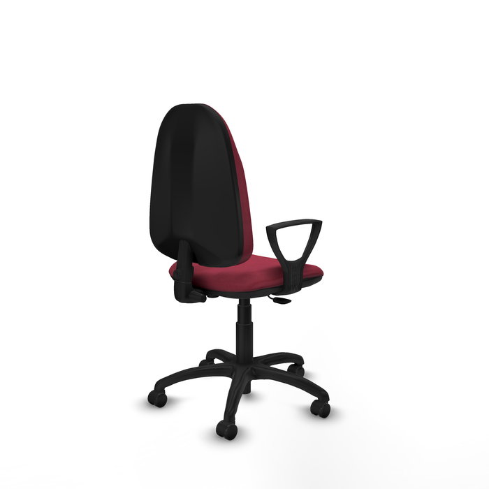 Silla de oficina Algarra con mecanismo Contacto permanente básico tapizada con Tela color Granate. Equipada con Base poliamida negra, Brazos fijos y Ruedas de parqué