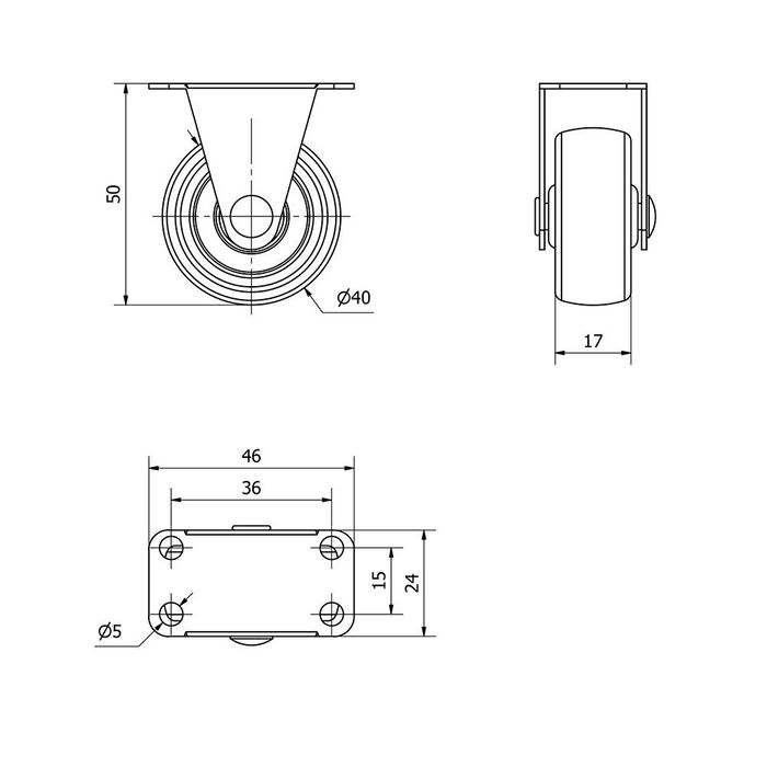 Ruedas Alex Rueda Fija con Placa y Eje Liso Negro Carga Máx. 20 kg Ø 4 cm